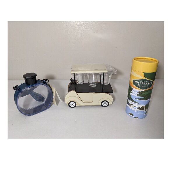 Other - NEW- Set of 3 - Golf Cart Shot Glass Holder- Yellow Outdoor Puzzle- Blue Canteen